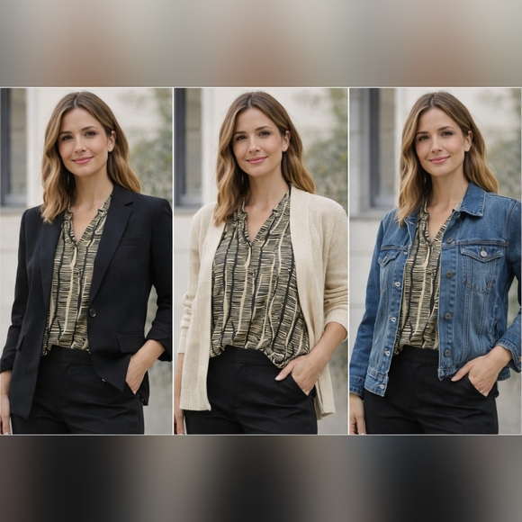 Neutral Abstract Blouse Business Casual Chic Work to Weekend Flowy Layering Top - Picture 3 of 9